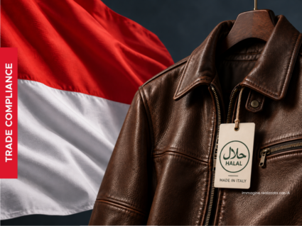 Giacca in pelle Made in Italy con simbolo Halal su cartellino, accanto alla bandiera indonesiana, a rappresentare i nuovi obblighi di certificazione per i prodotti di consumo in Indonesia.
